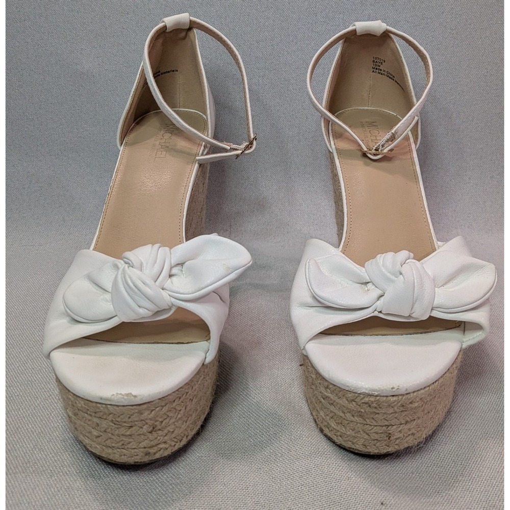 Michael Shannon Baye Wedge Sandals Womens 10 White Good Espadrille Bow Platform